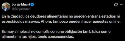 El posteo de Jorge Macri sobre la nueva prohibición a deudores alimentarios