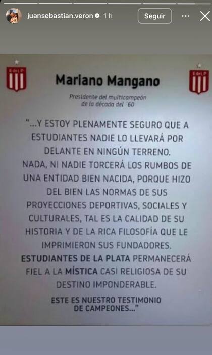 El posteo de Juan Sebastián Verón tras la victoria de Estudiantes