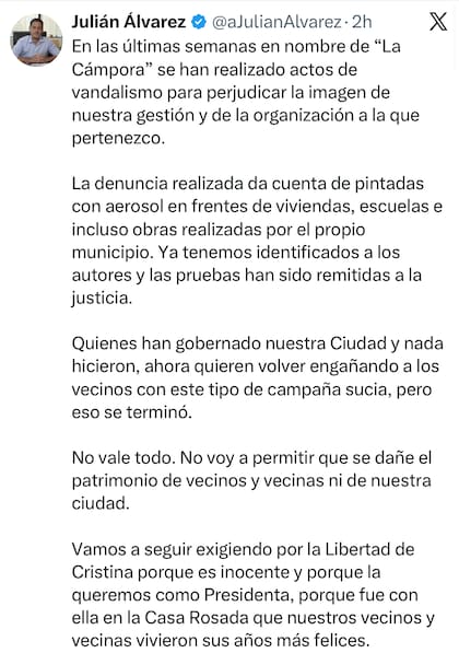 El posteo de Julián Álvarez