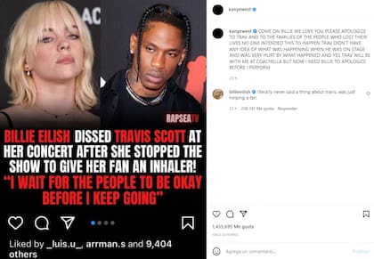 El posteo de Kanye West sobre Billie Eilish (Crédito: Instagram/@kanyewest)