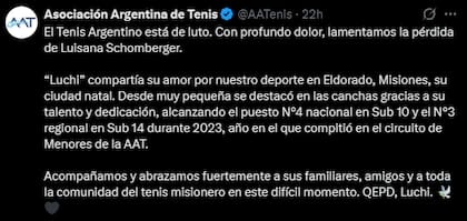 El posteo de la Asociación Argentina de Tenis (AAT)