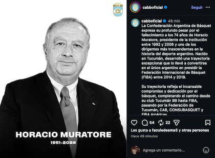 El posteo de la CABB por el fallecimiento de Horacio Muratore