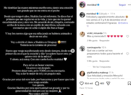 El posteo de la cantante uruguaya Meri Deal en el que anunció que será la telonera de Shakira
