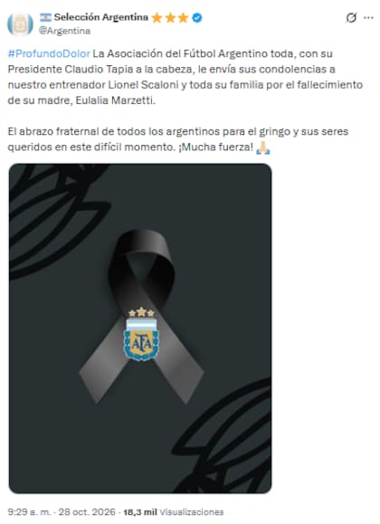 El posteo de la cuenta oficial de la selección argentina para despedir a la madre de Lionel Scaloni (Foto: X @Argentina)