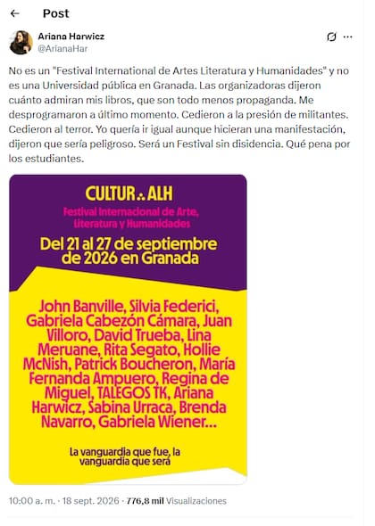 El posteo de la escritora en el que denuncia la cancelación cultural