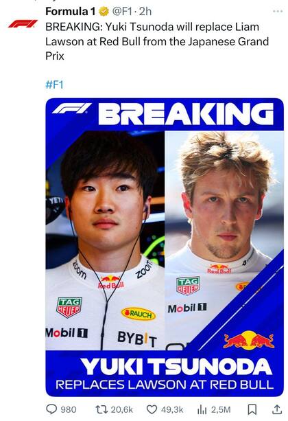 El posteo de la Fórmula 1 acerca del cambio en Red Bull