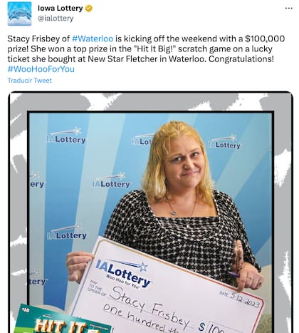 El posteo de la lotería de Iowa para anunciar a la ganadora