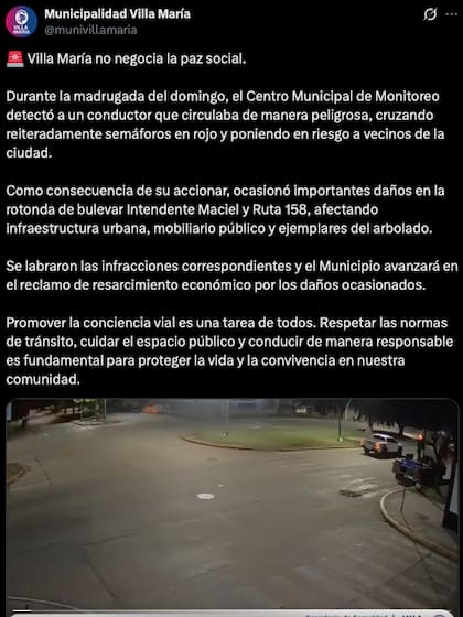 El posteo de la municipalidad de Villa María sobre lo ocurrido