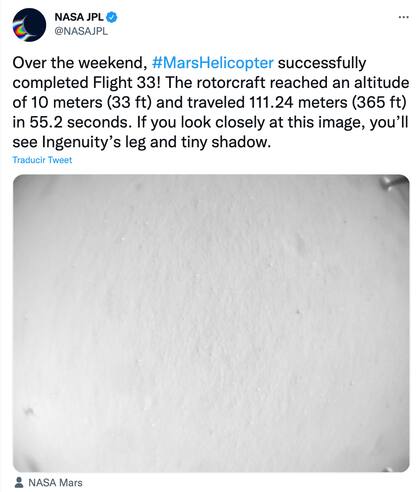 El posteo de la NASA acerda del helicóptero Ingenuity de Marte