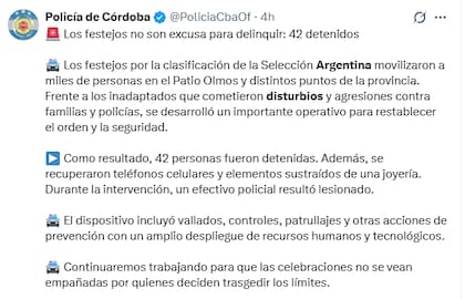 El posteo de la Policía de Córdoba