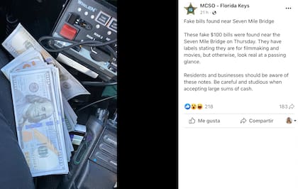 El posteo de la policía sobre los billetes falsos en Florida