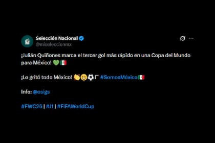 El posteo de la Selección de México tras el gol de Julián Quiñones ante Sudáfrica