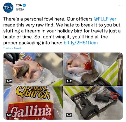 El posteo de la TSA sobre la mujer que llevaba un arma en una gallina