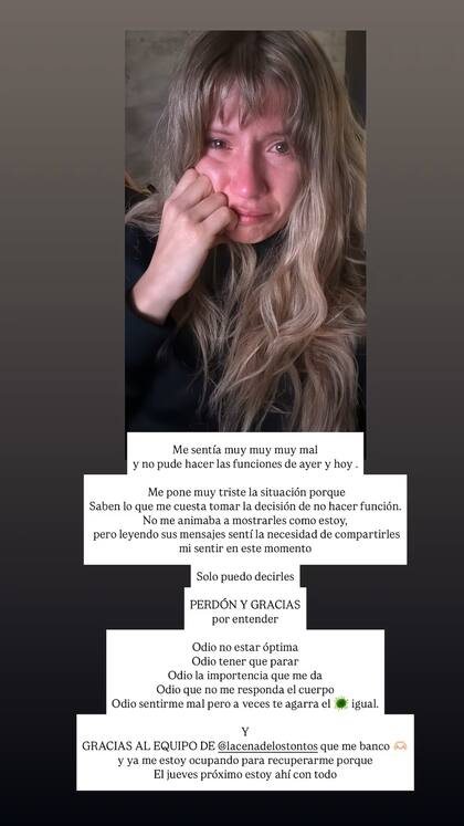 El posteo de Laurita Fernández en Instagram donde comunicó el motivo que la alejó del escenario por dos días
