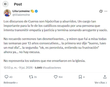 El posteo de Lilia Lemoine en X