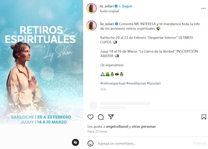 El posteo de Liz Solari con su llamado a la reflexión y al retiro espiritual que organizó