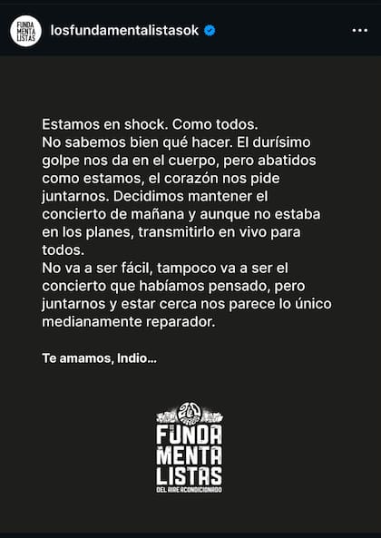 El posteo de los Fundamentalistas del Aire Acondicionado en el adiós del Indio