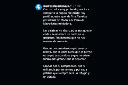 El posteo de Madres de Plaza de Mayo Línea Fundadora donde confirma el fallecimiento de "Taty" Almeida