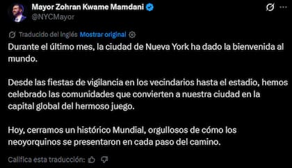 El posteo de Mamdani tras el cierre de la Copa del Mundo en el New York/New Jersey Stadium