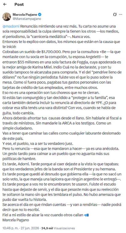 El posteo de Marcela Pagano en X