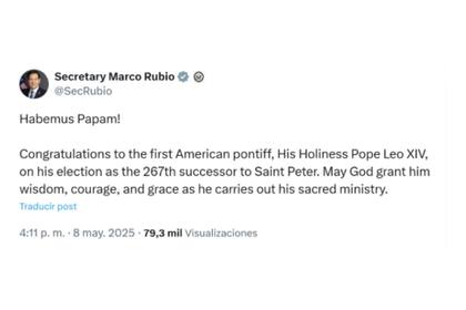 El posteo de Marco Rubio, Secretario de Estado norteamericano, sobre el nombramiento de León XIV