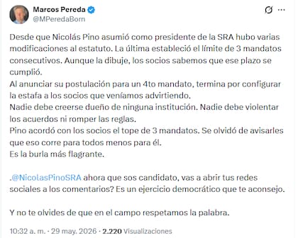 El posteo de Marcos Pereda