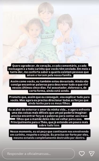 El posteo de Marcus por la muerte de Marta Oliveira — Foto: Reproducción/Instagram