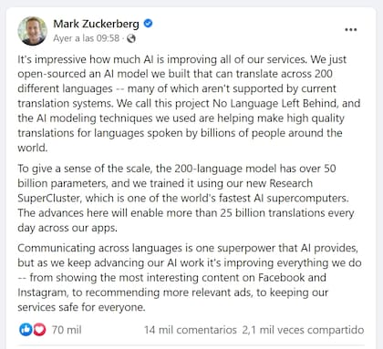 El posteo de Mark Zuckerberg anunciando el traductor universal de Meta