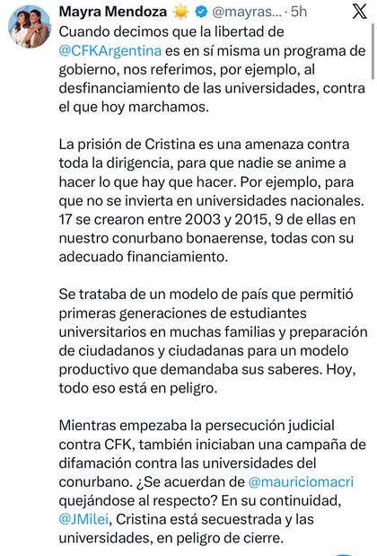 El posteo de Mayra Mendoza