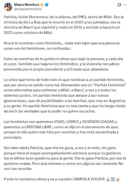 El posteo de Mayra Mendoza contra Patricia Bullrich