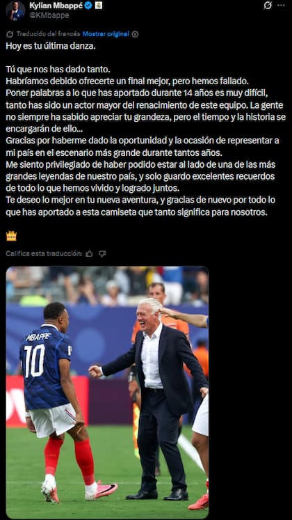 El posteo de Mbappé para despedir Deschamps