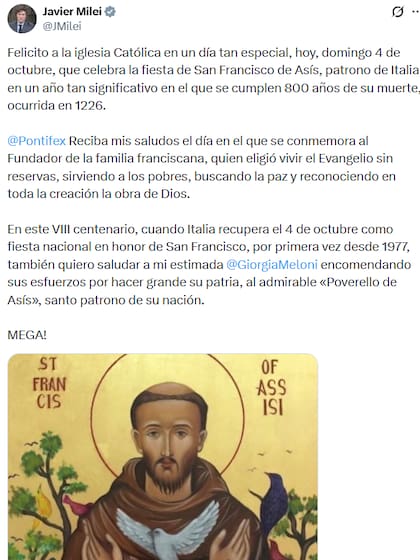 El posteo de Milei dedicado a la Iglesia