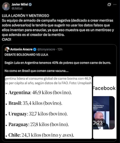 El posteo de Milei sobre Lula