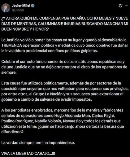 El posteo de Milei sobre su sobreseimiento en la causa $LIBRA