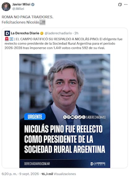 El posteo de Milei tras el triunfo de Nicolás Pino en la Rural