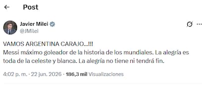 El posteo de Milei tras la victoria de la Selección