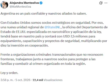 El posteo de Monteoliva luego de la presentación de la "unidad regional" para la lucha contra el narcotráfico