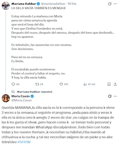 El posteo de Moria Casán que desató la furia de Cinthia Fernández