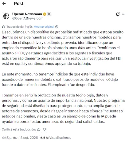 El posteo de OpenAI en el que informó sobre el descubrimiento del dispositivo espía