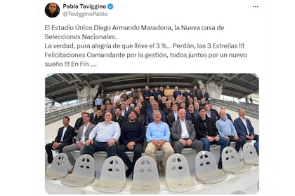El posteo de Pablo Toviggino, tras la reunión de Tapia con Kicillof en el estadio Único de La Plata