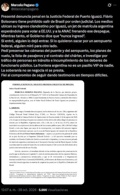 El posteo de Pagano alusivo al despegue del avión