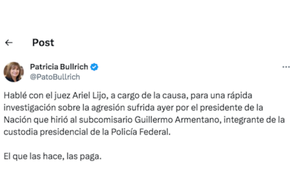 El posteo de Patricia Bullrich en X (Twitter)