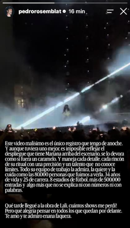 El posteo de Pedro Rosemblat para Lali tras el tercer show en River