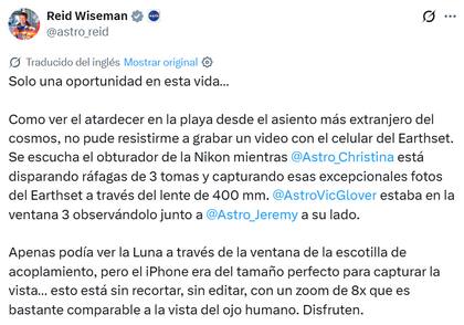El posteo de Reid Wiseman sobre el video que grabó
