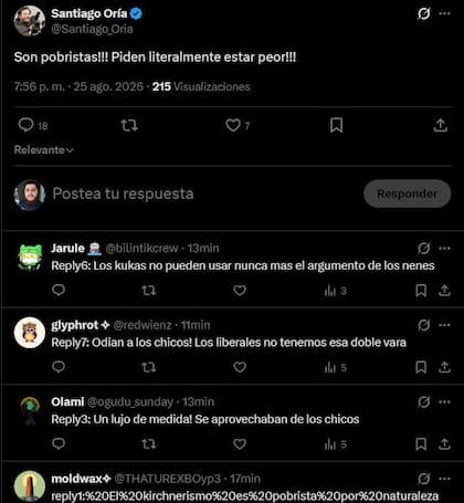 El posteo de Santiago Oría y las reacciones programadas que recibió de bots