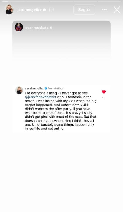 El posteo de Sarah Michelle Gellar donde explica que no pudo saludar a Jennifer Love Hewitt