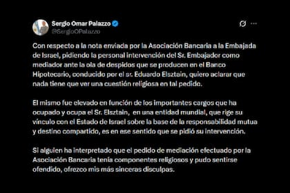 El posteo de Sergio Palazzo sobre la nota enviada al embajador de Israel en la Argentina