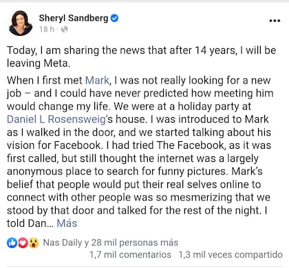 El posteo de Sheryl Sandberg anunciando que abandona Facebook