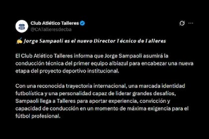 El posteo de Talleres de Córdoba sobre la incorporación de Jorge Sampaoli como nuevo entrenador del club