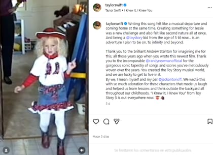 El posteo de Taylor Swift para anunciar su colaboración con Toy Story 5 (Foto: Instagram @taylorswift)
